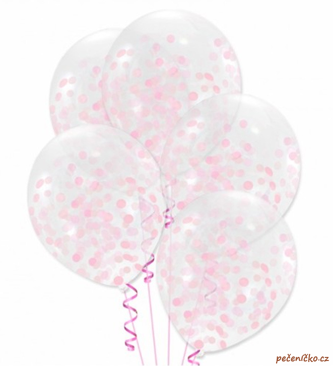 Balonky průhledné s konfetami pink  5 ks